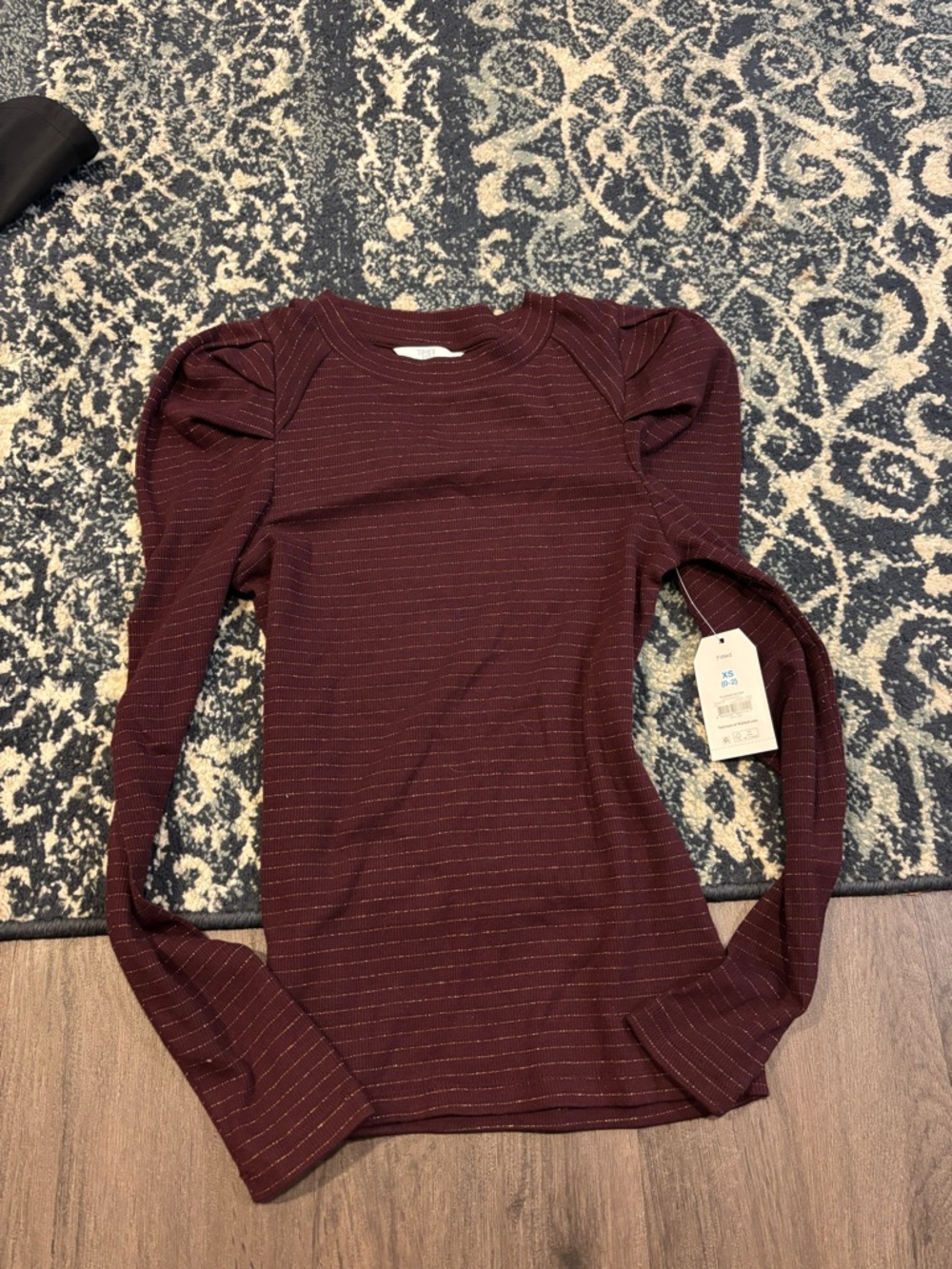 Time and Tru Burgundy Long Sleeve Puff Shoulder Top with Metallic Pinstripes